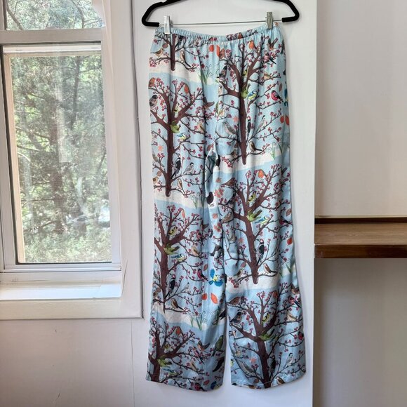 NWT Karen Mabon Winter Birds Satin Pajama Set Button Down Top + Pants Large - Picture 10 of 14